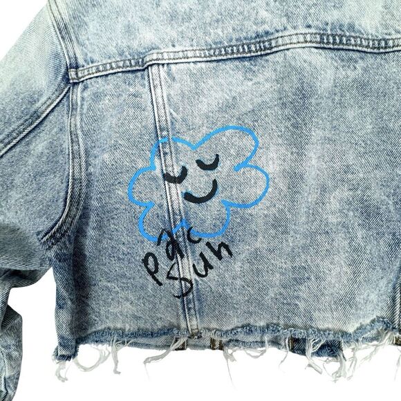 Pacsun Crop Denim Jacket Medium Graffiti Skater Distressed Painted Art Sun Peace - Picture 7 of 13